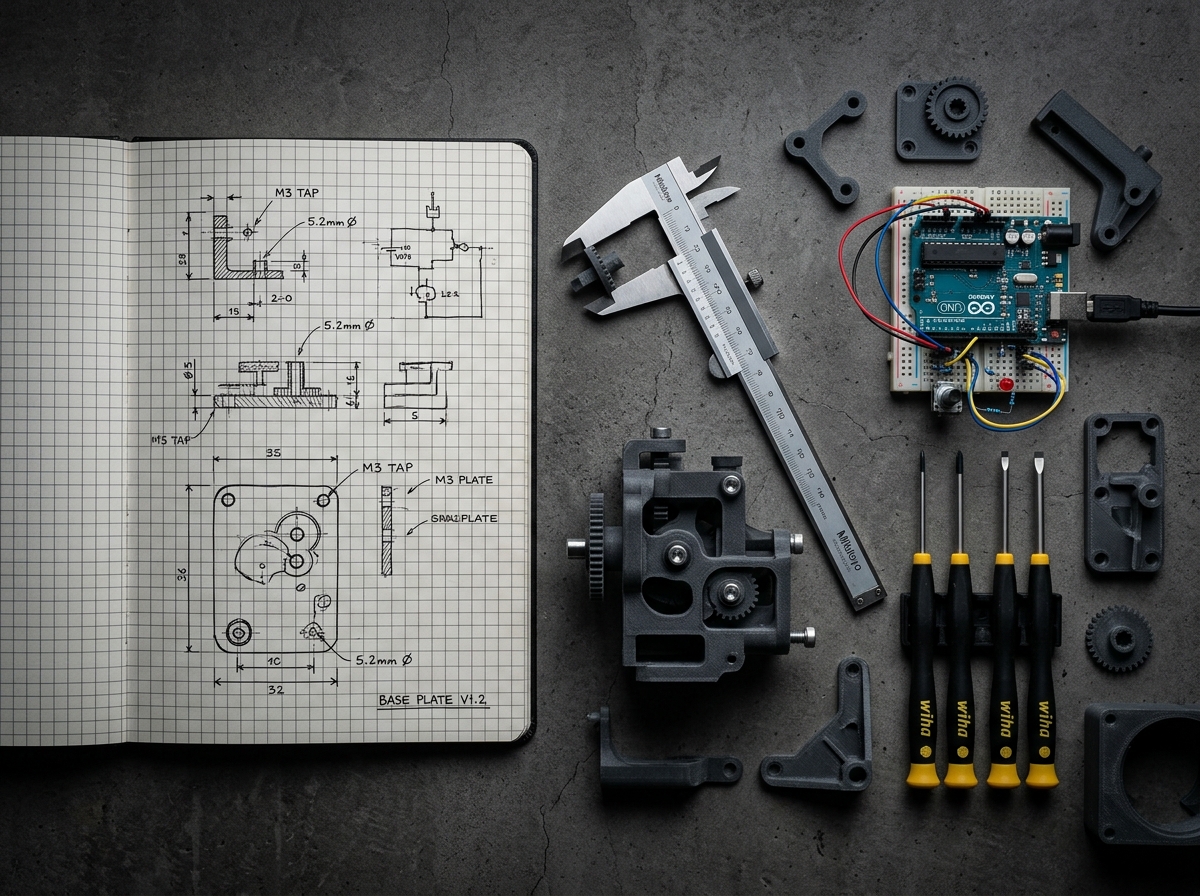 Engineering workbench with technical drawings